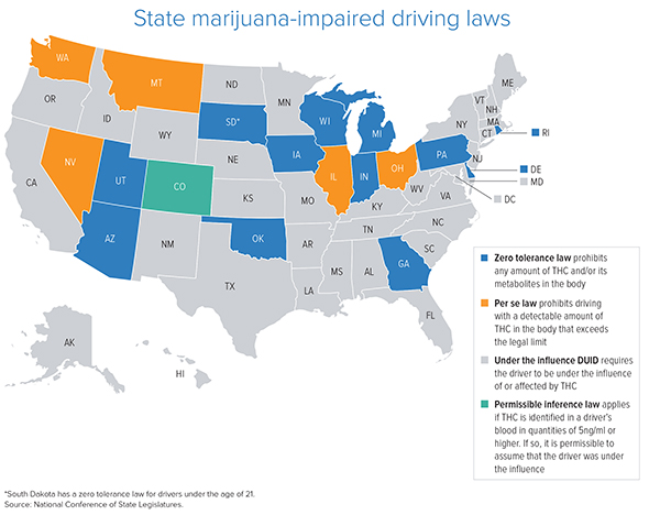 Map of states with marijuana-impaired driving laws.